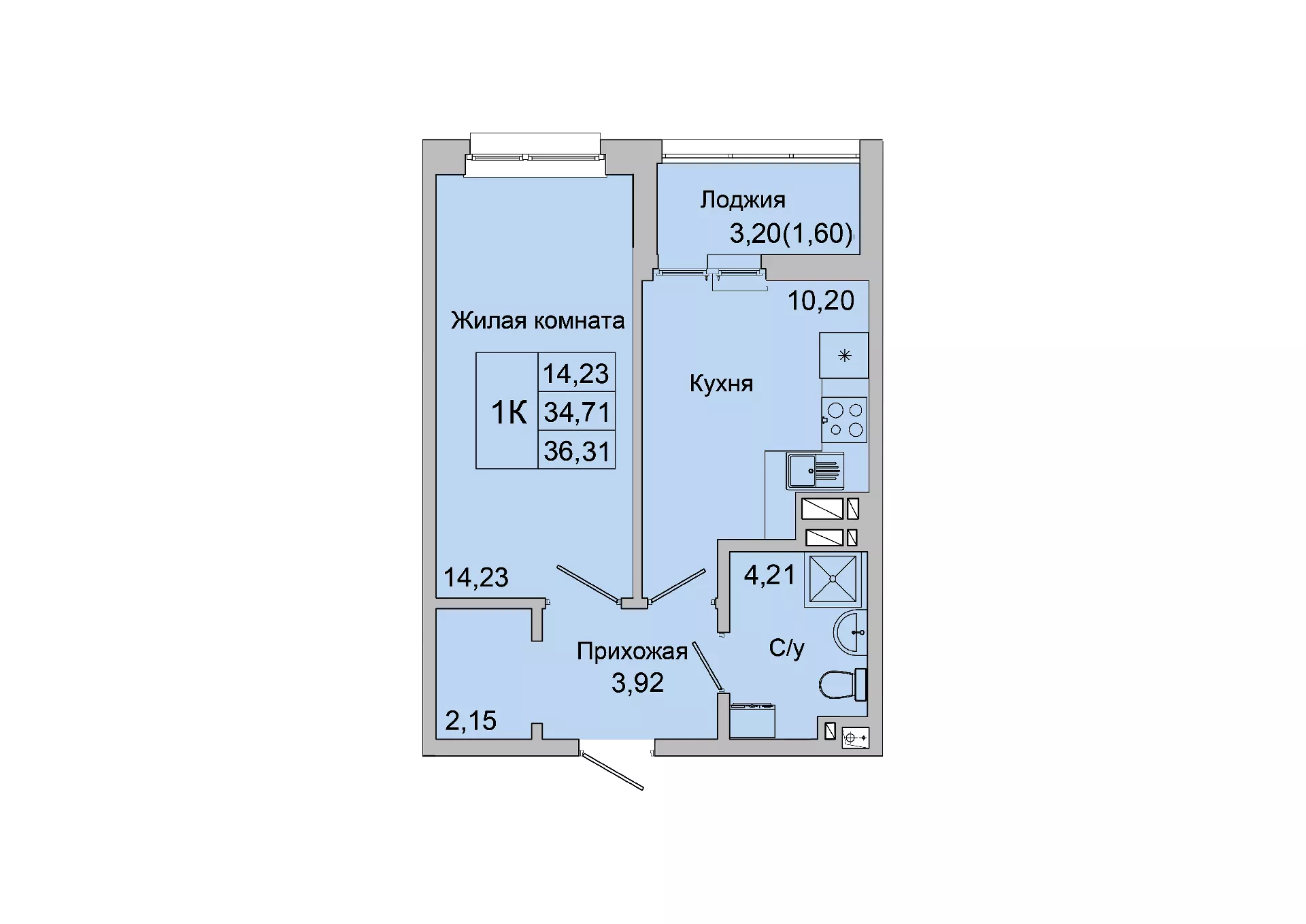 Планировка: 1-комн. квартира 36,2 м²