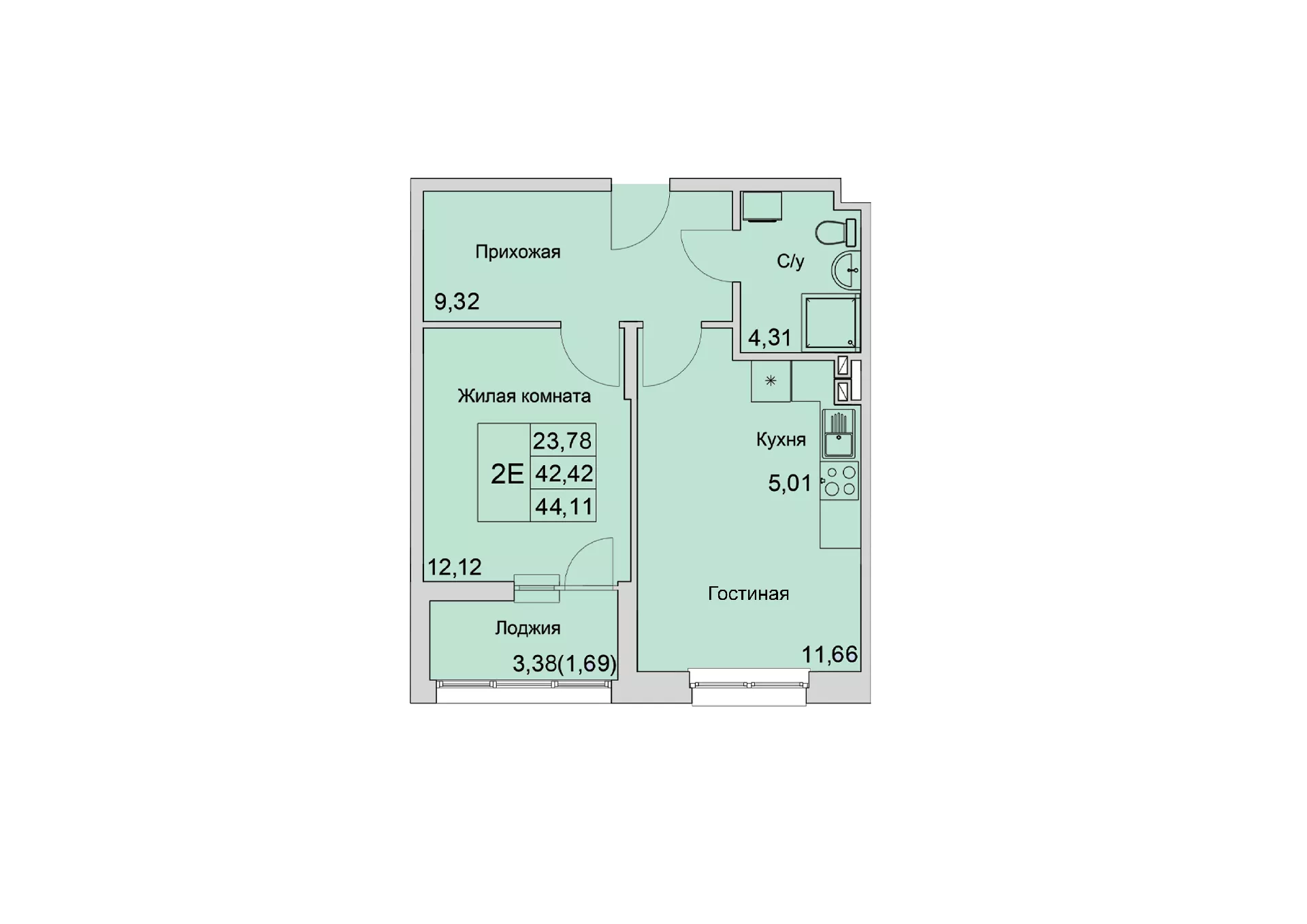 Планировка: 2-комн. квартира 43,5 м²