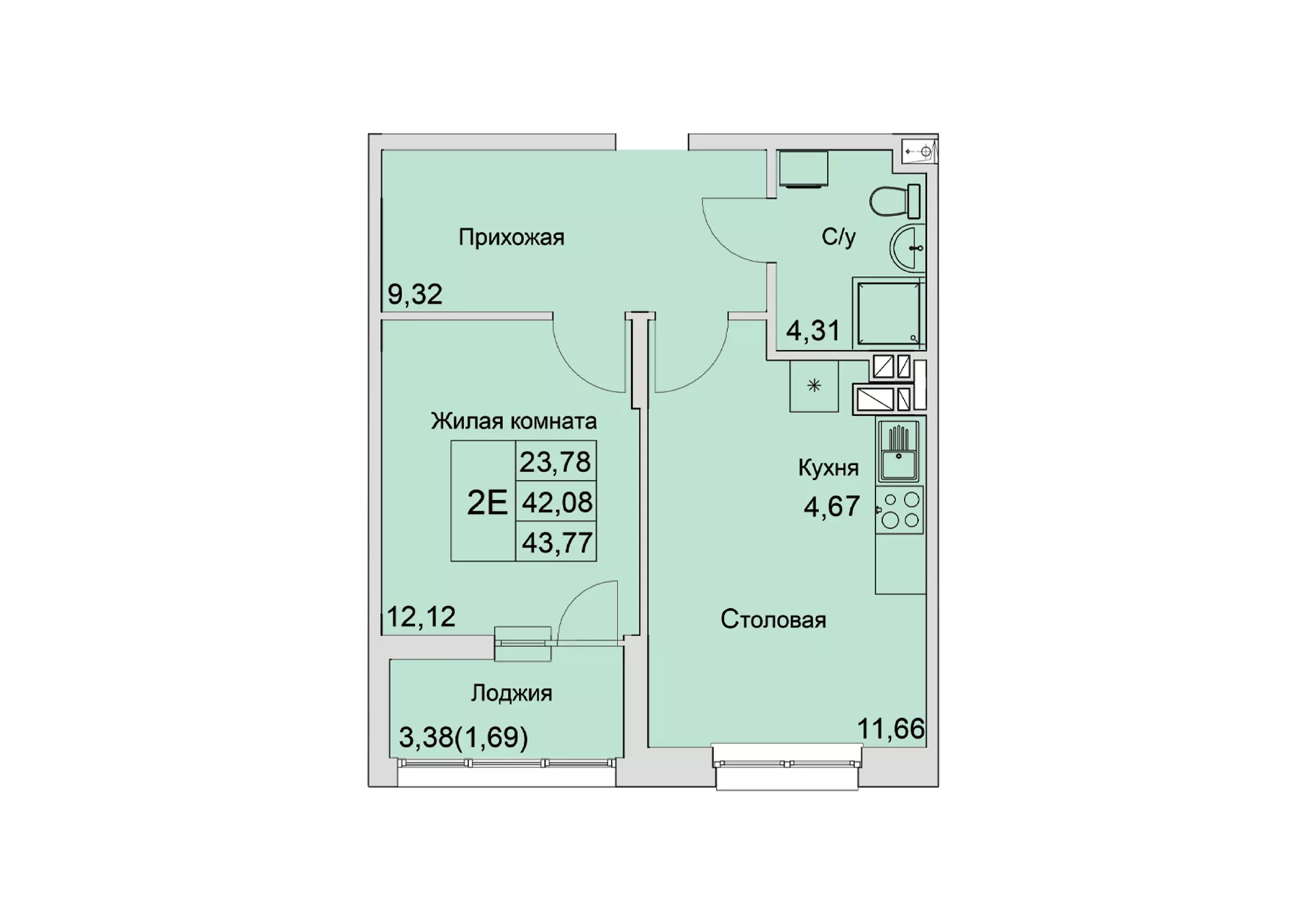 Планировка: 2-комн. квартира 43,3 м²