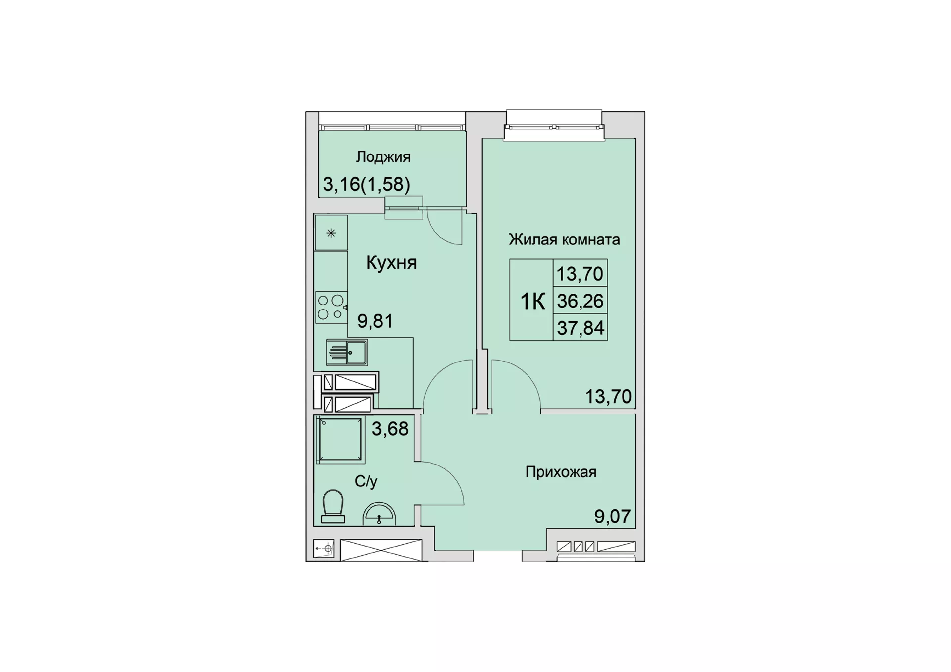Планировка: 1-комн. квартира 37,8 м²