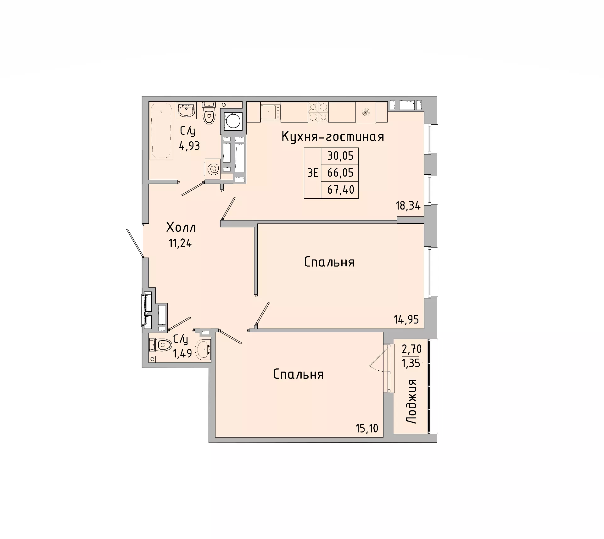 Планировка: 3-комн. квартира 66 м²