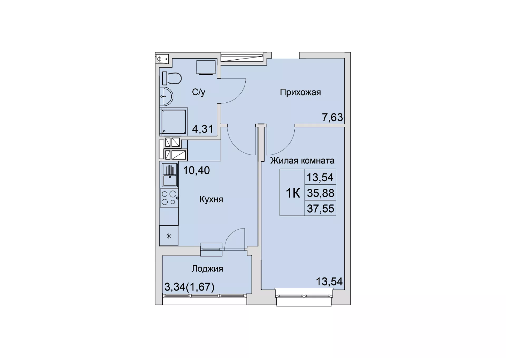 Планировка: 1-комн. квартира 37,3 м²