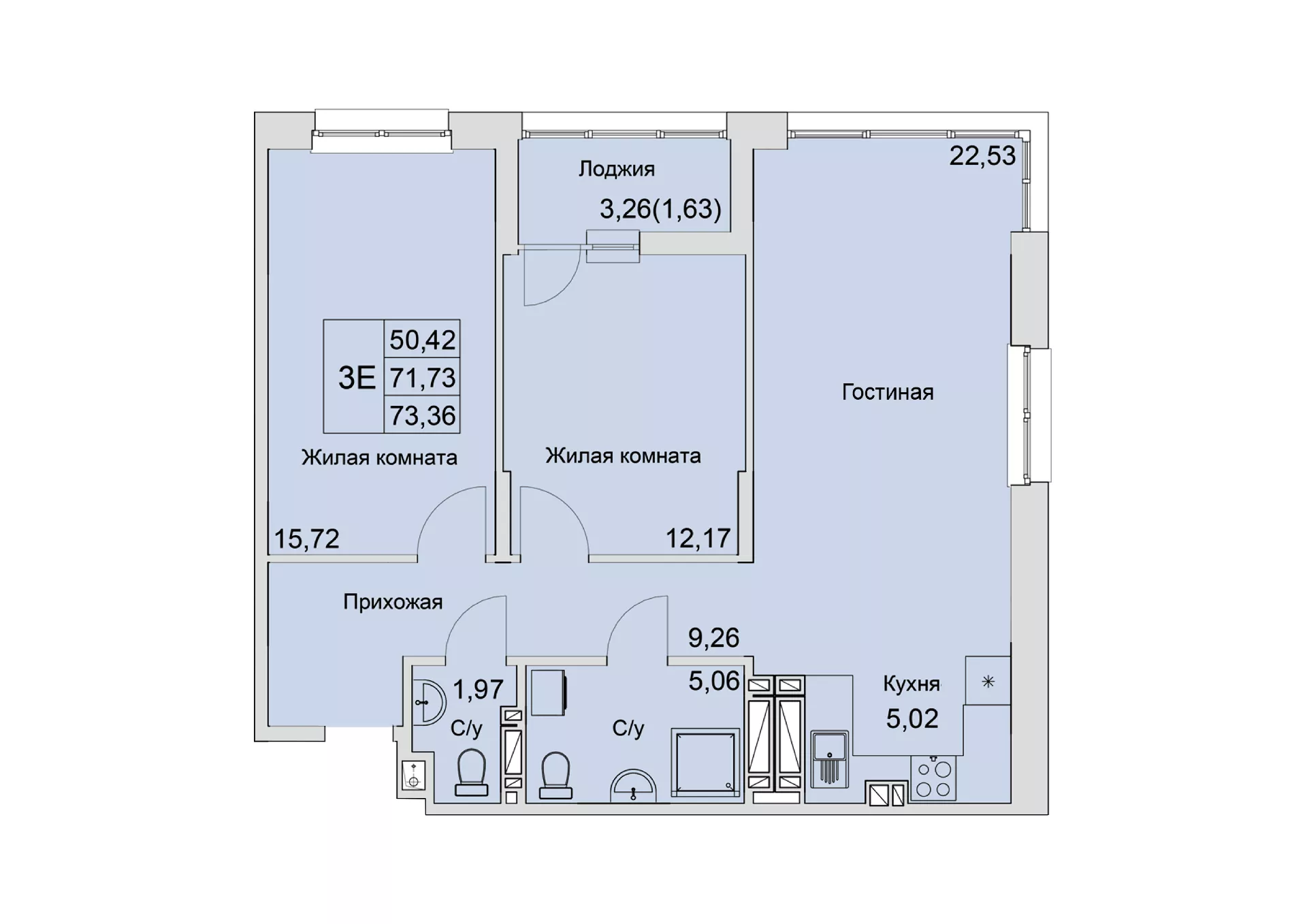Планировка: 3-комн. квартира 72,8 м²