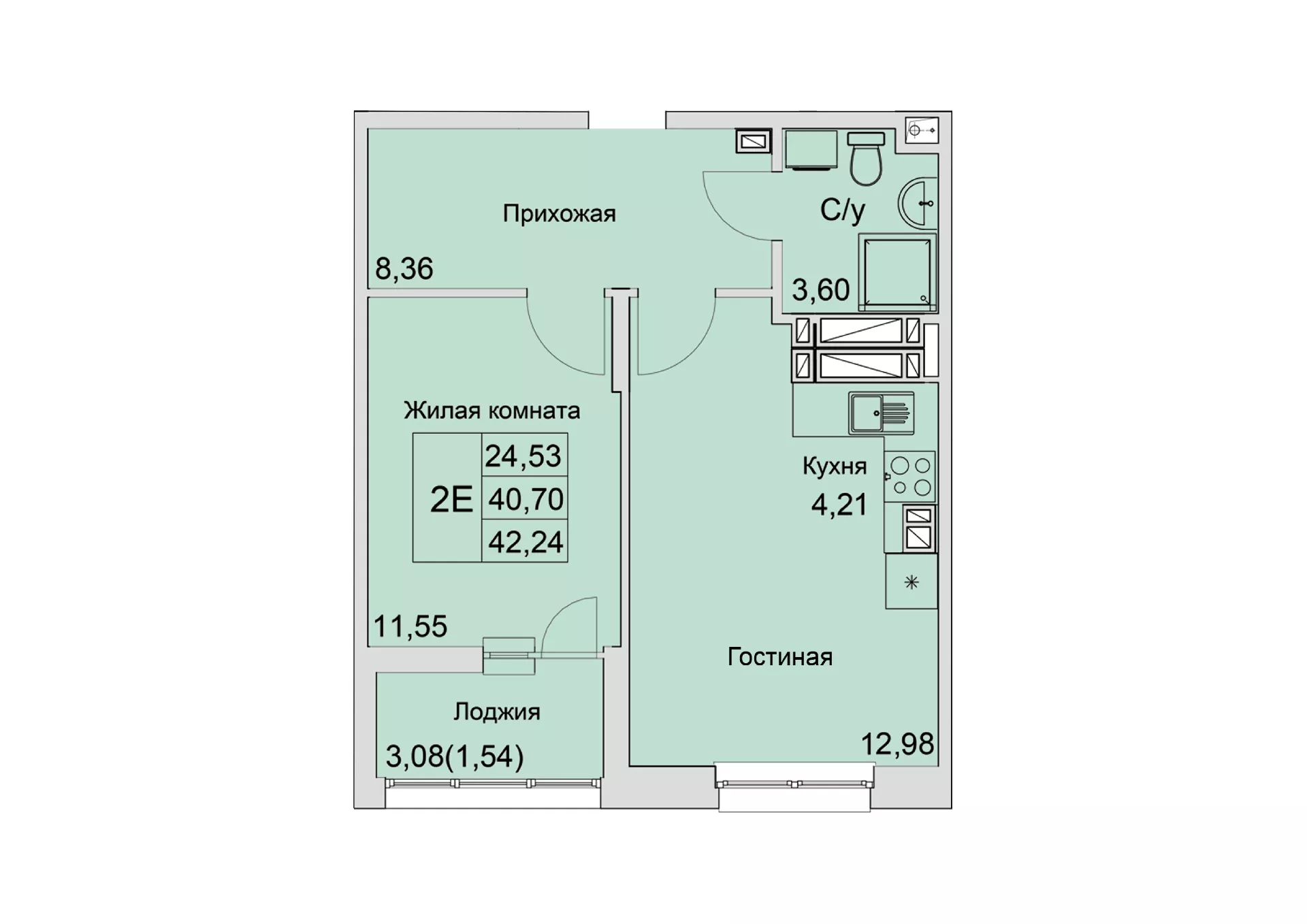 Планировка: 2-комн. квартира 41,9 м²