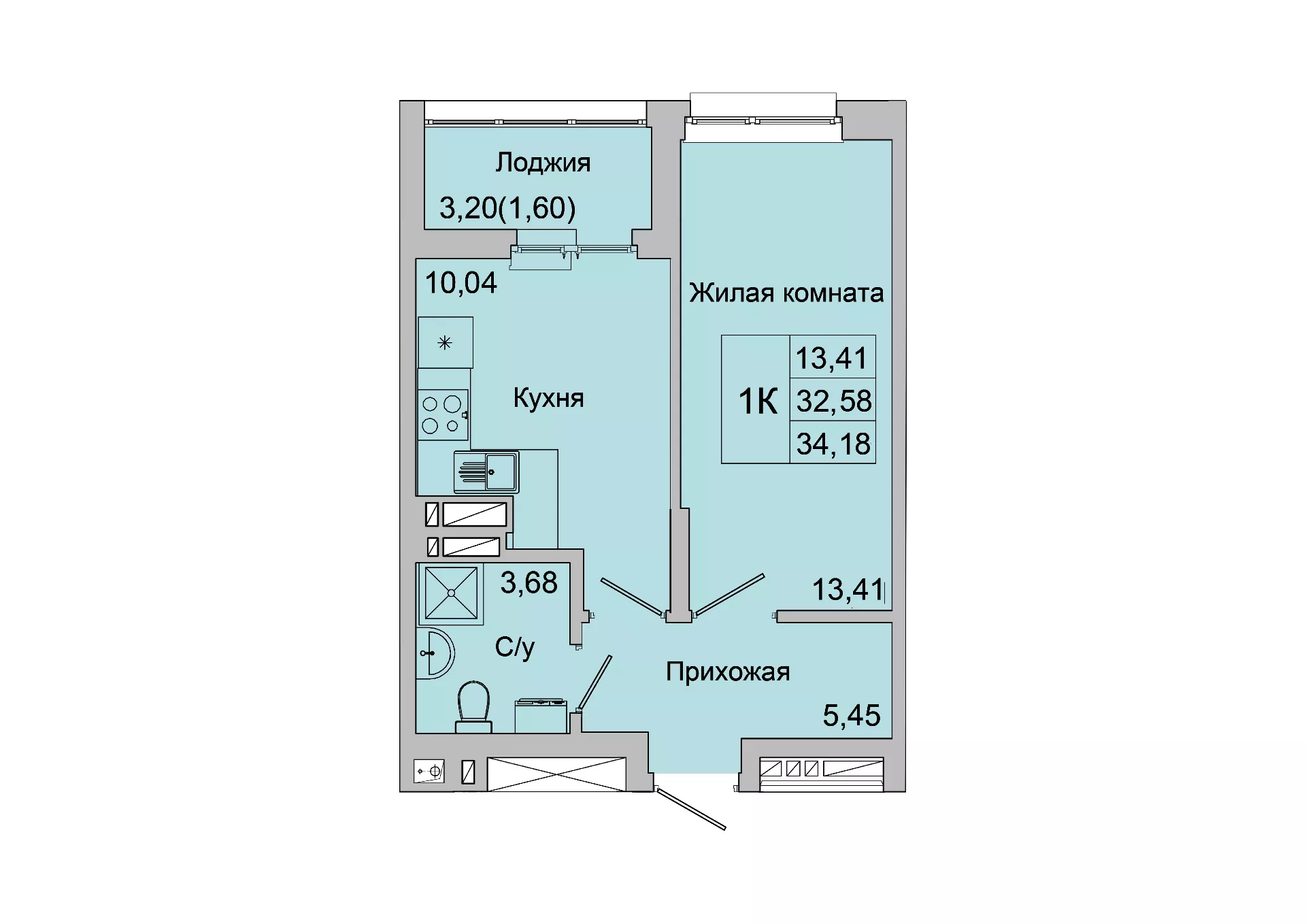 Планировка: 1-комн. квартира 34,1 м²