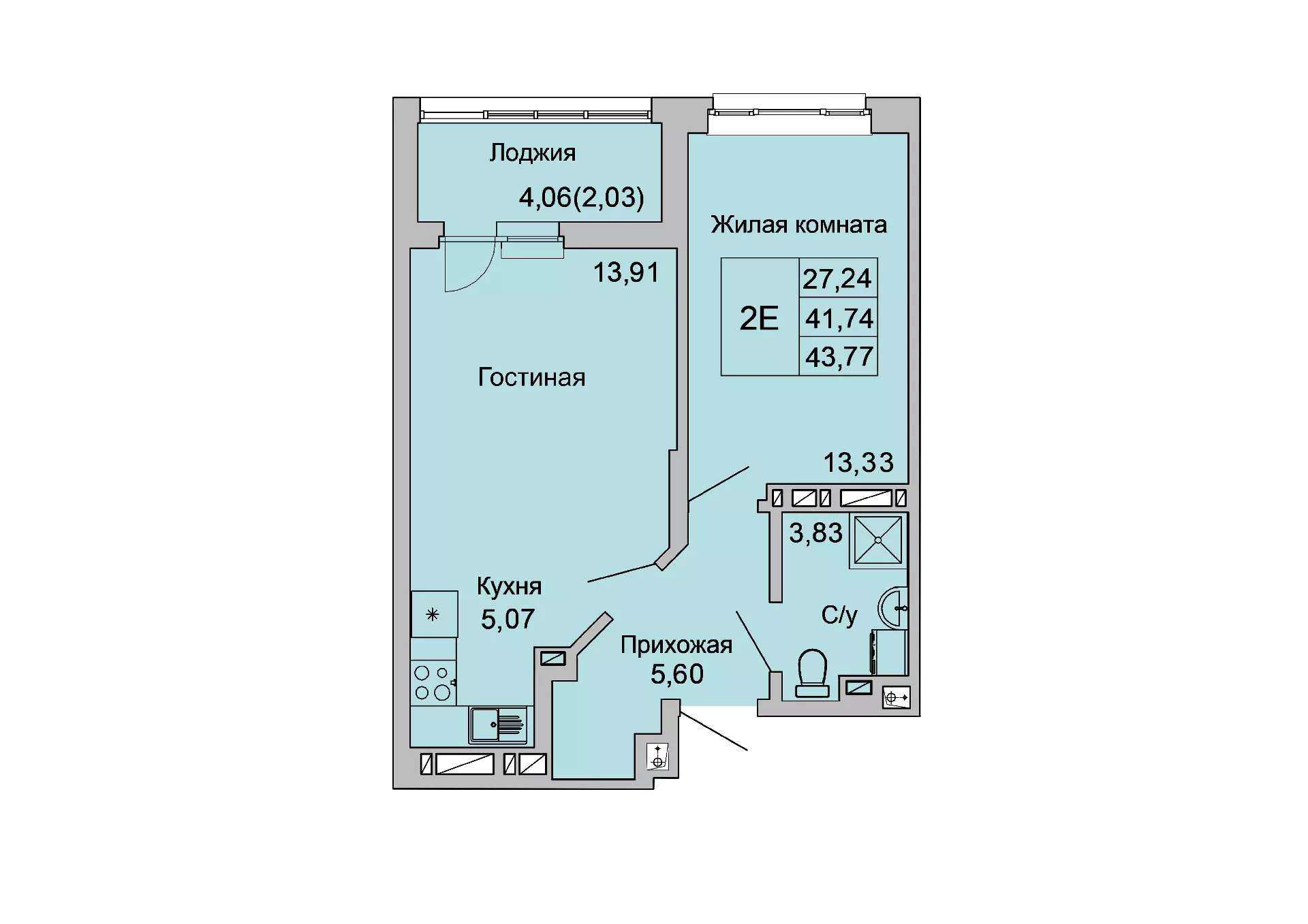 Планировка: 2-комн. квартира 42,9 м²