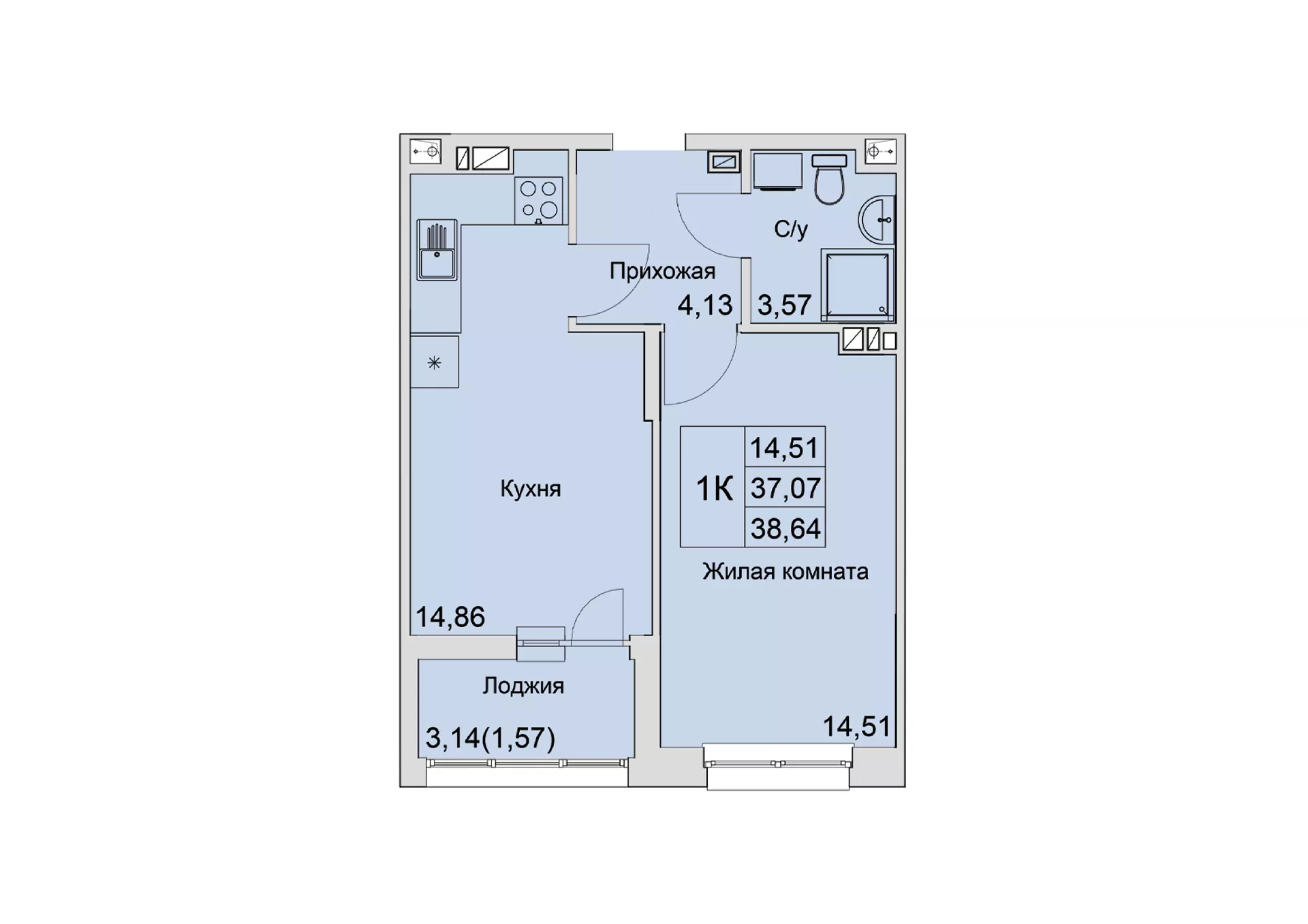Планировка: 1-комн. квартира 38,3 м²