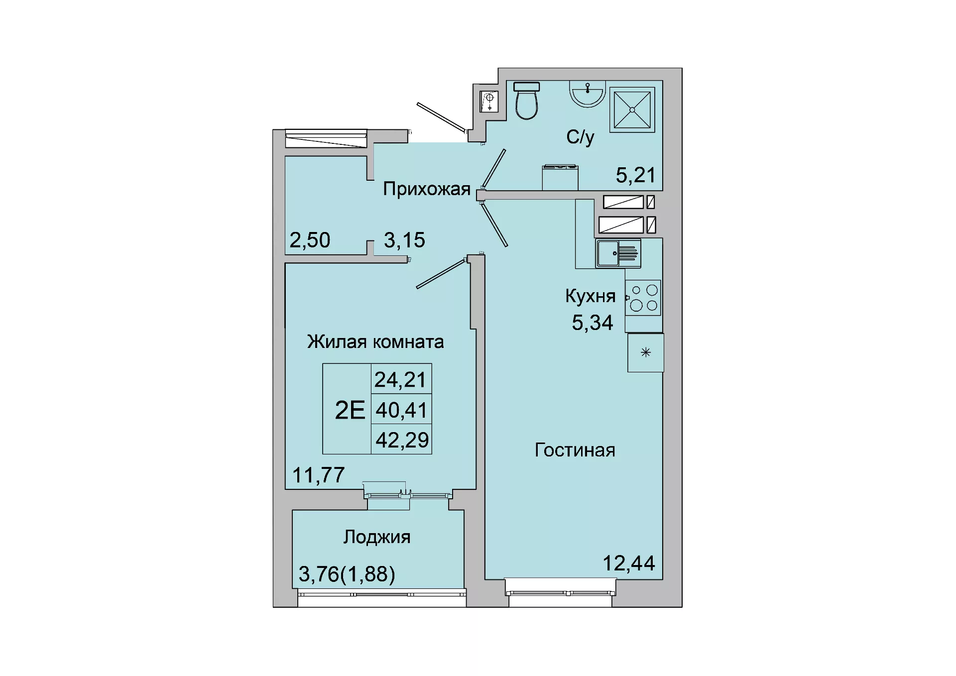 Планировка: 2-комн. квартира 42,1 м²
