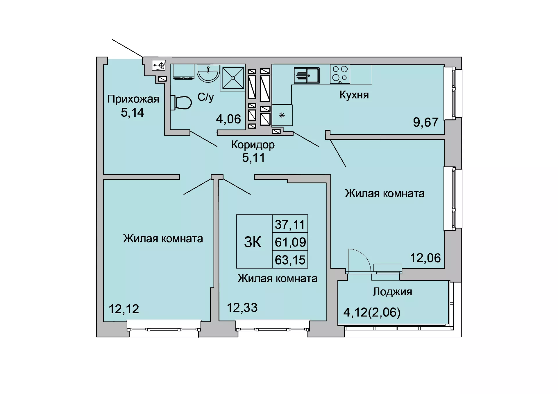 Планировка: 3-комн. квартира 62,7 м²