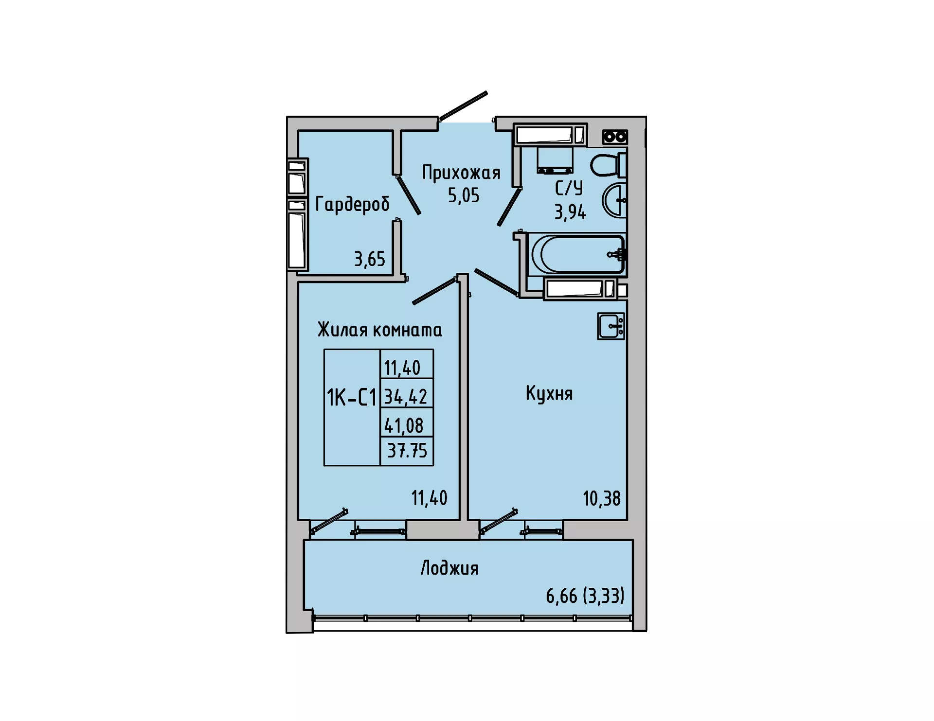 Планировка: 1-комн. квартира 37,8 м²