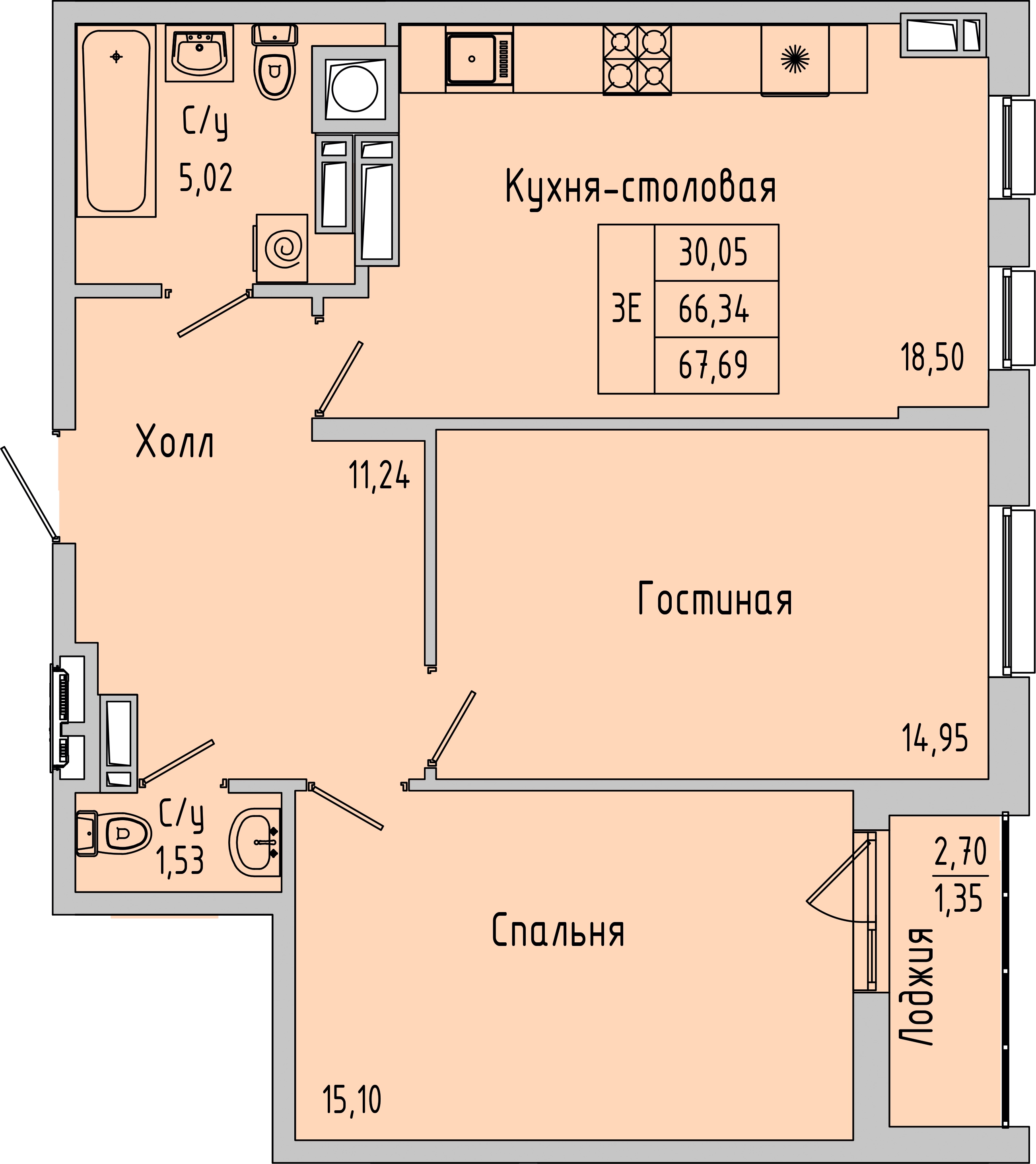 Планировка: 3-комн. квартира 67,7 м²