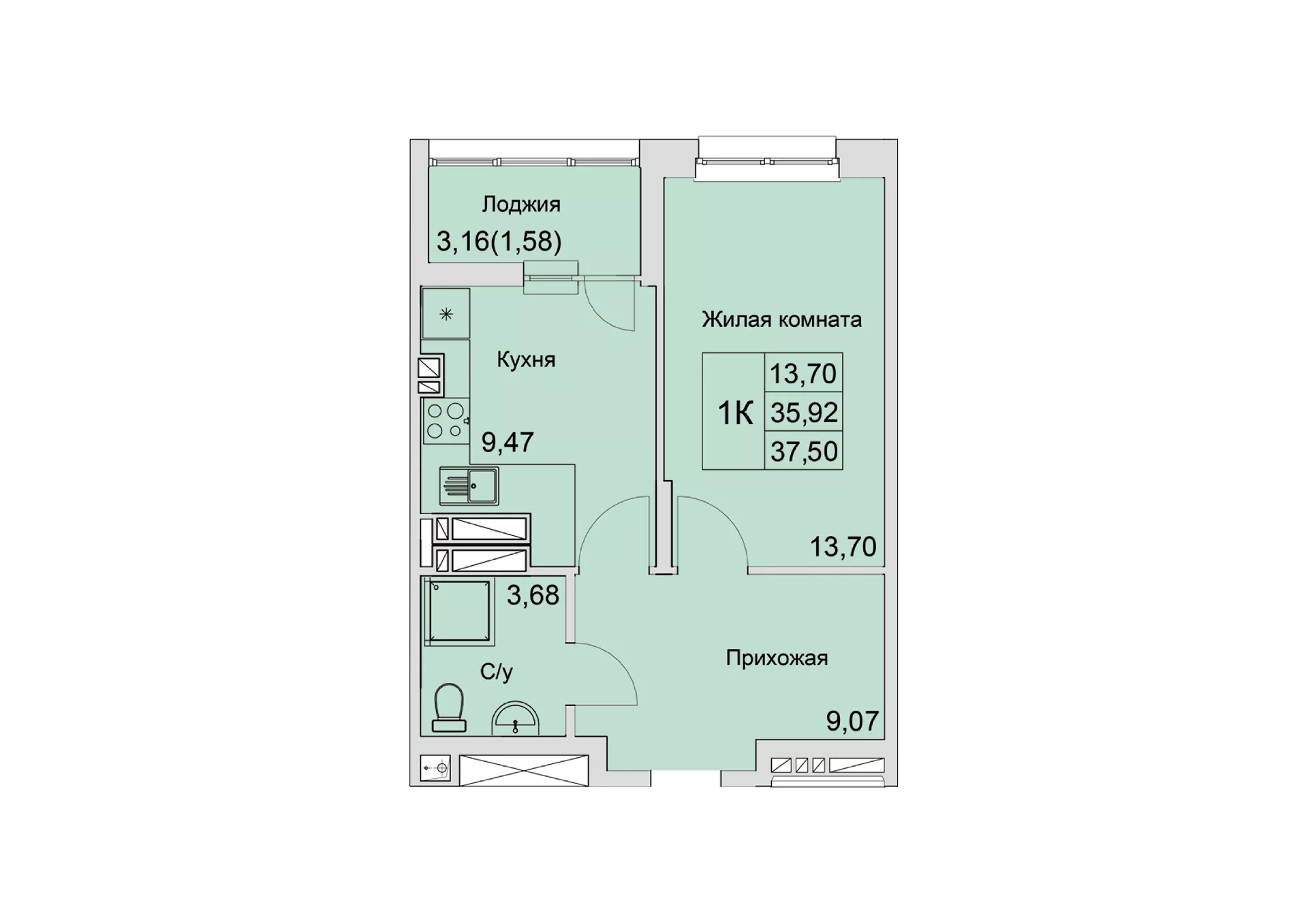 Планировка: 1-комн. квартира 31,6 м²