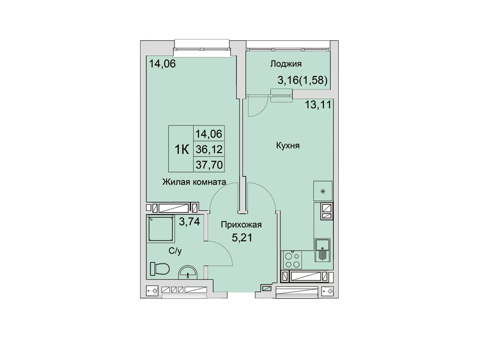 Планировка: 1-комн. квартира 37,3 м²