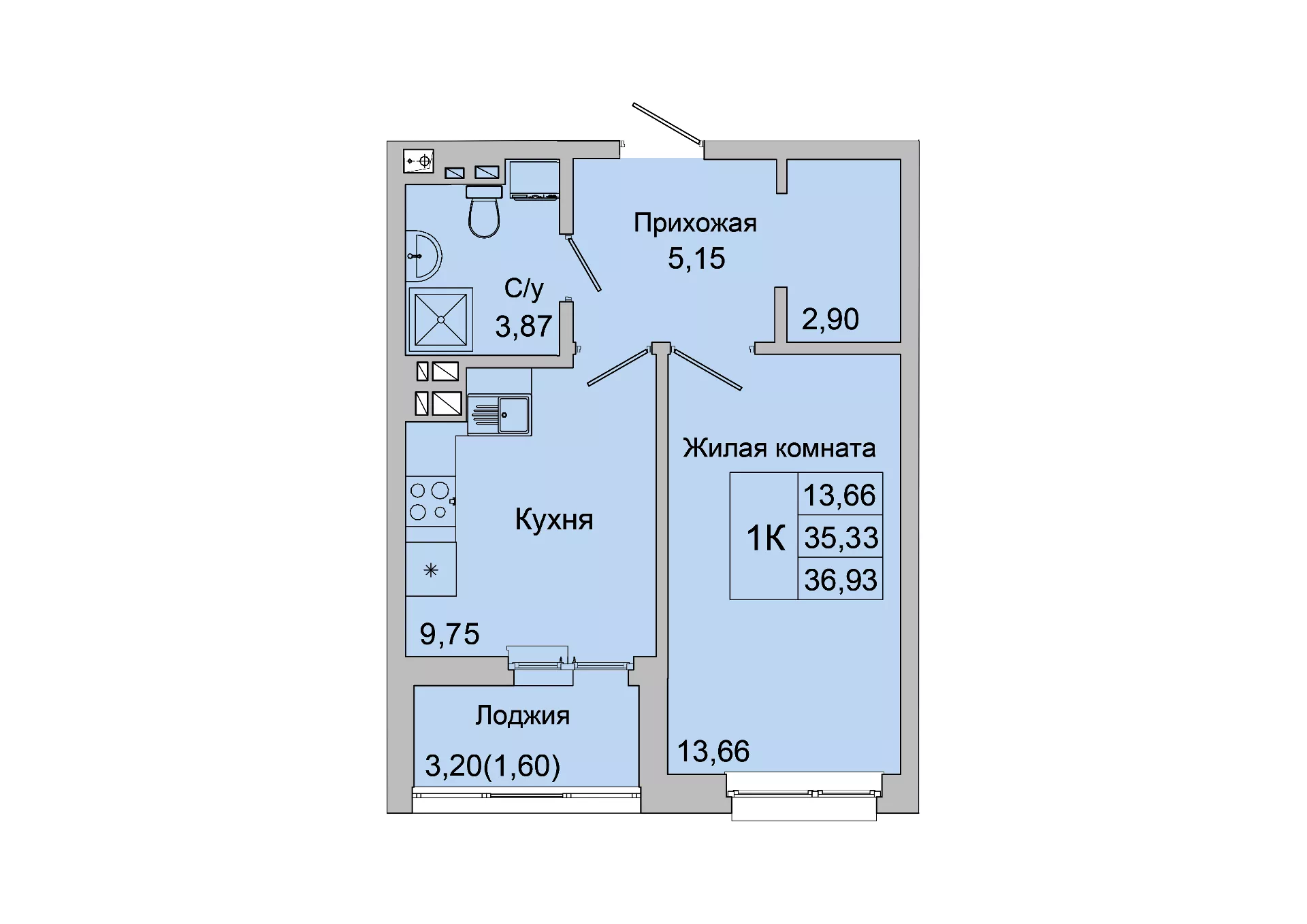 Планировка: 1-комн. квартира 36,9 м²