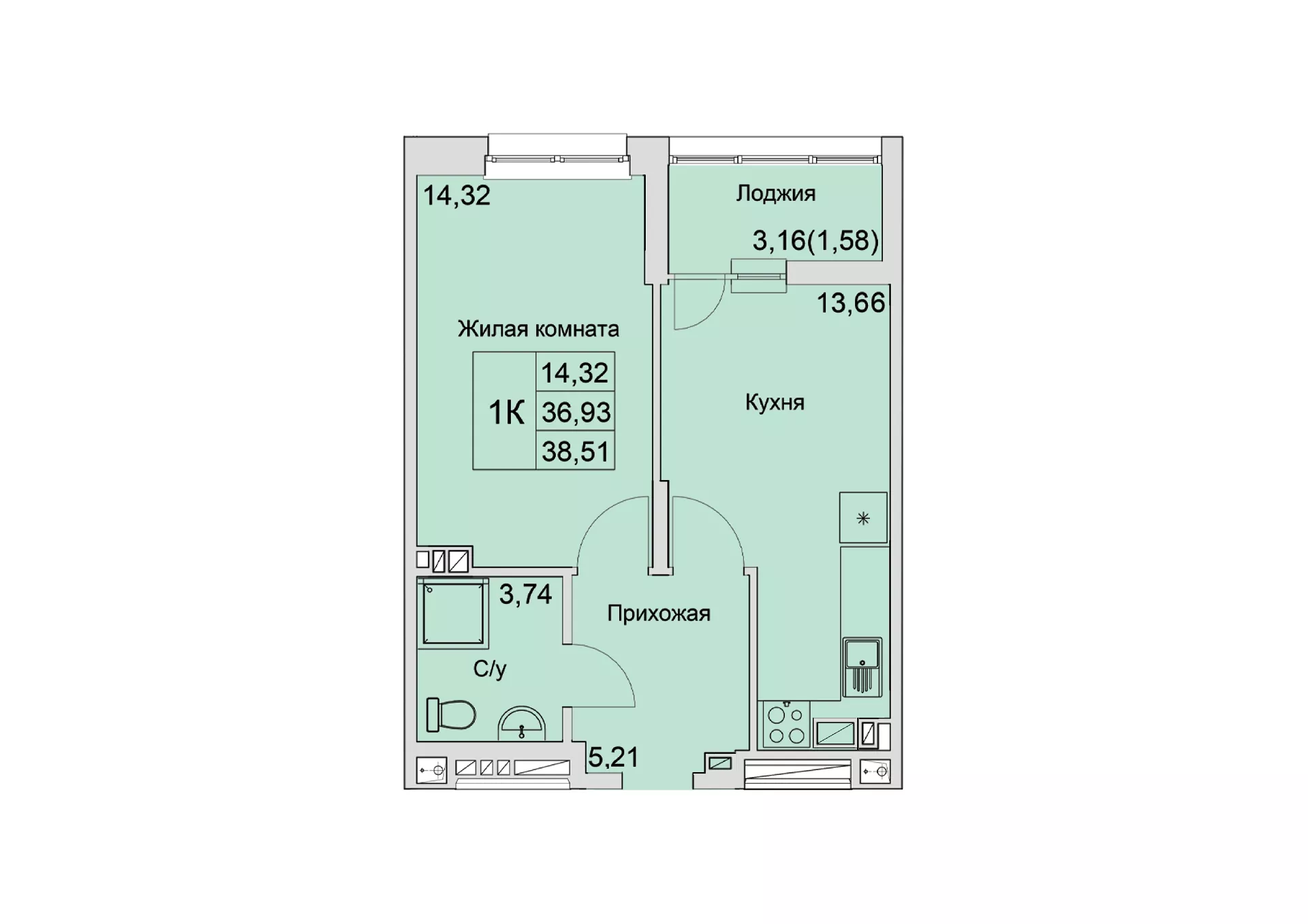 Планировка: 1-комн. квартира 38,2 м²