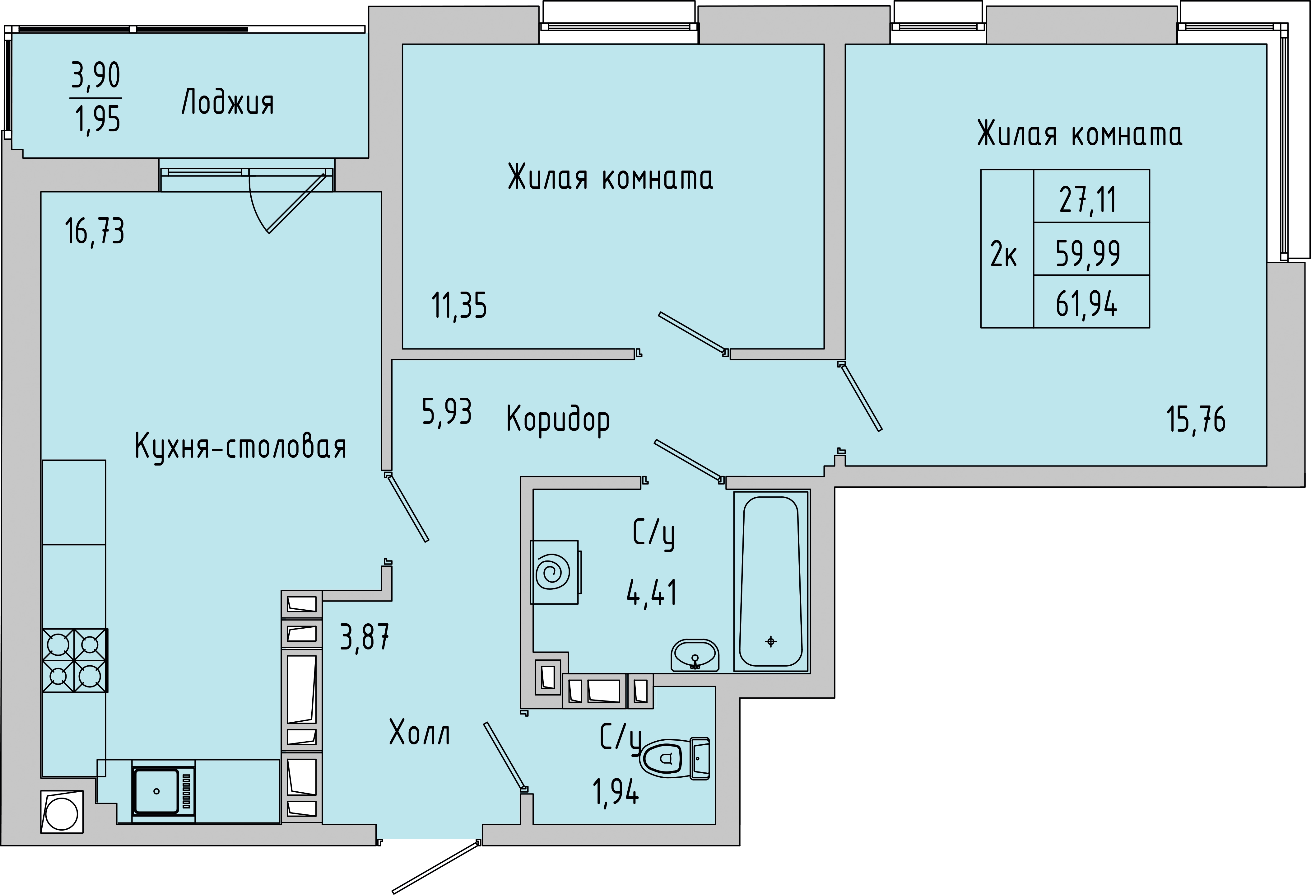 Планировка: 2-комн. квартира 61,9 м²