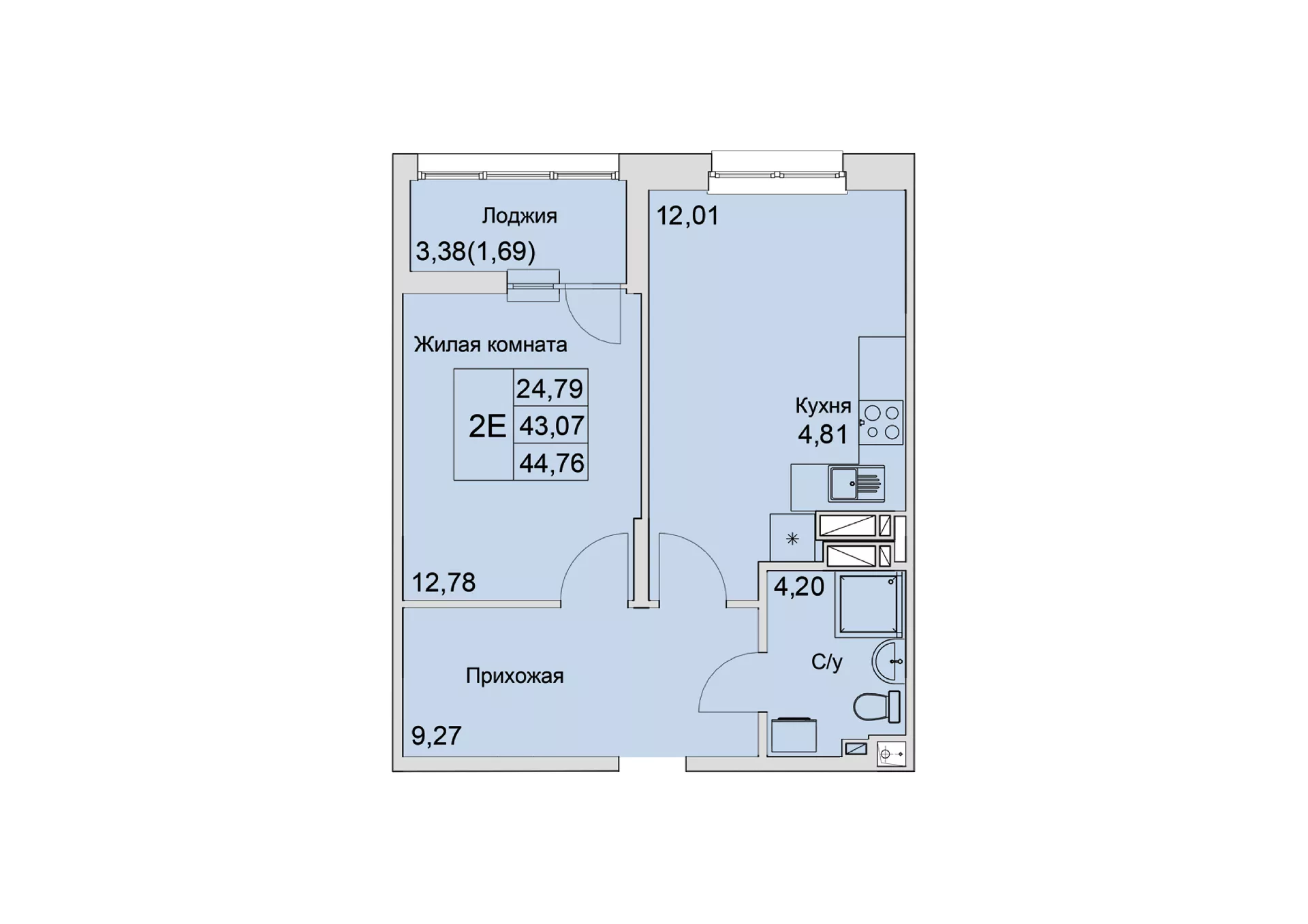 Планировка: 2-комн. квартира 44,3 м²