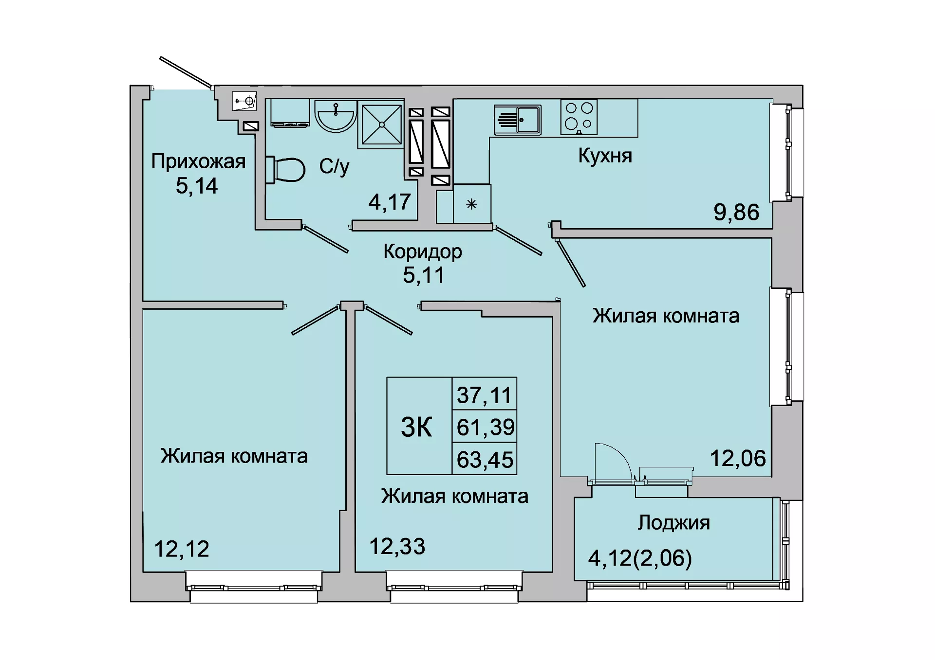 Планировка: 3-комн. квартира 63 м²