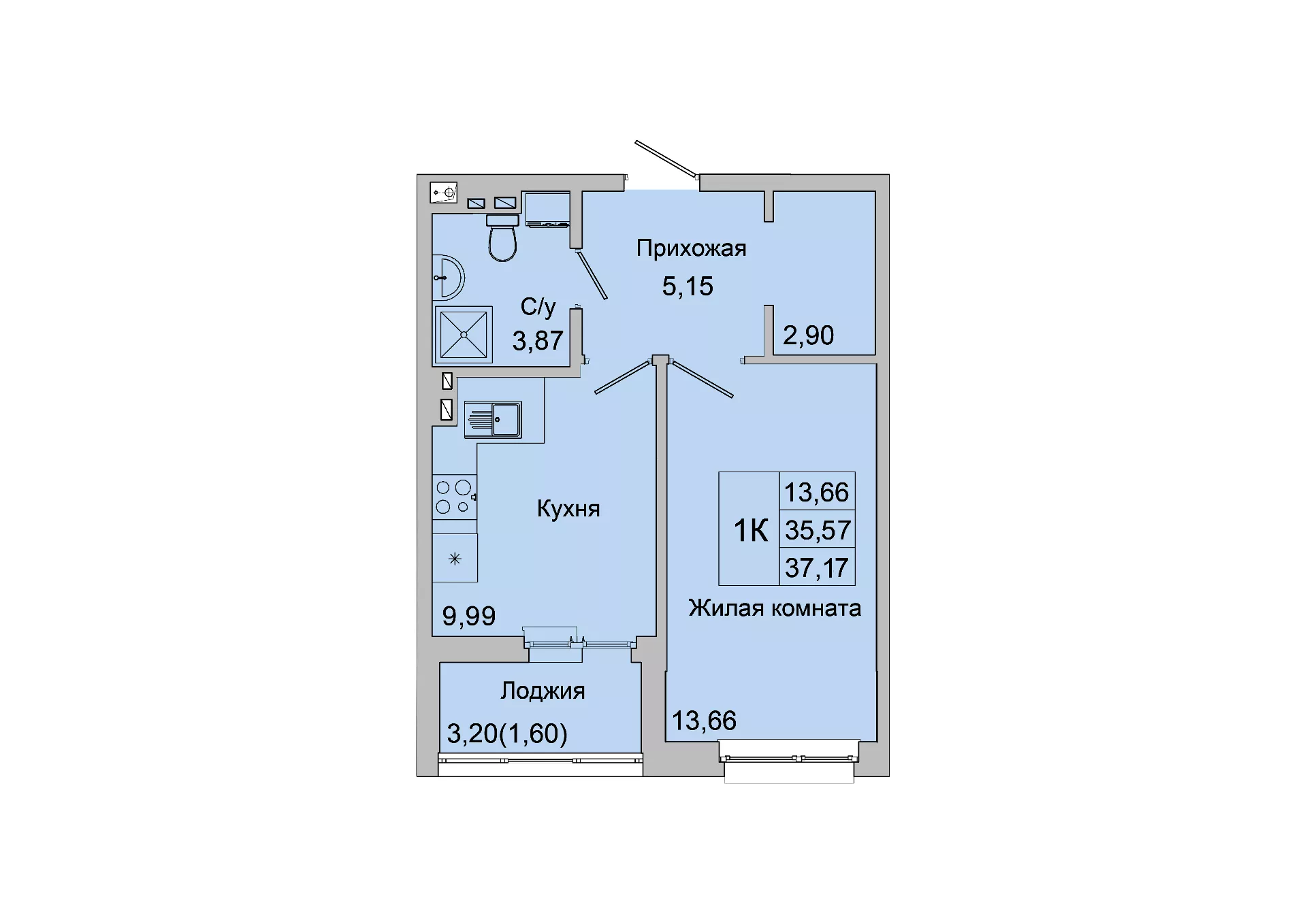 Планировка: 1-комн. квартира 36,9 м²