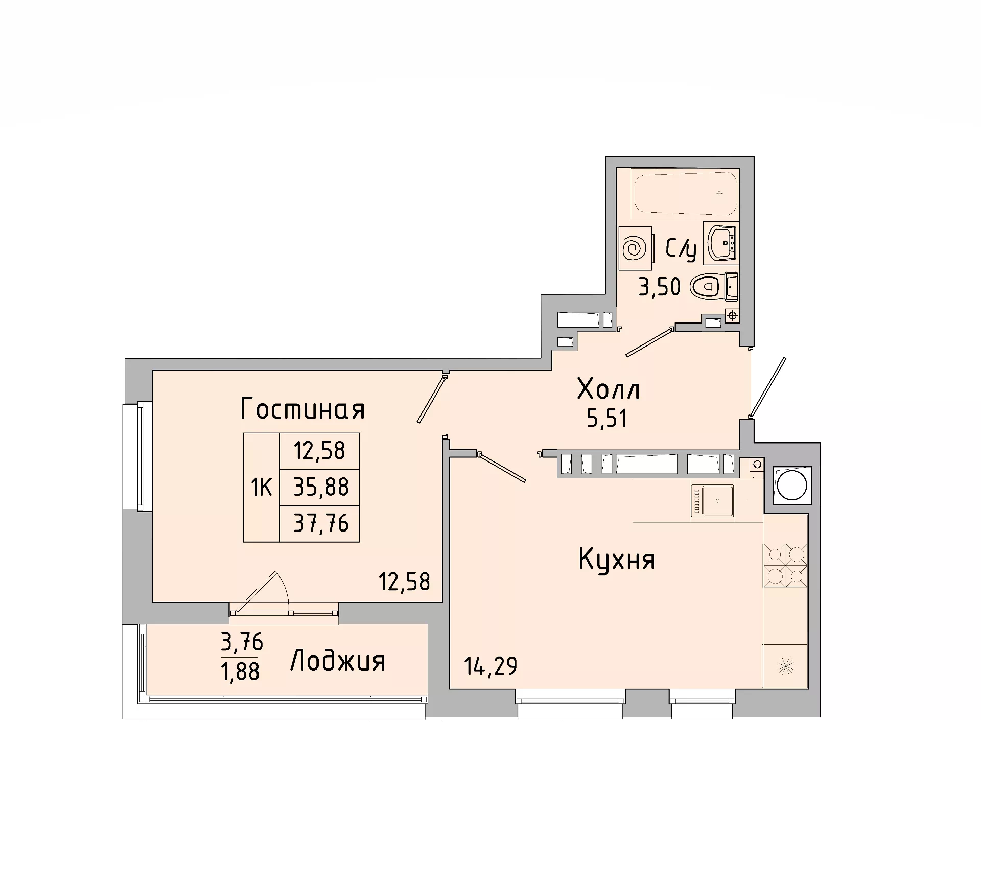 Планировка: 1-комн. квартира 35,8 м²