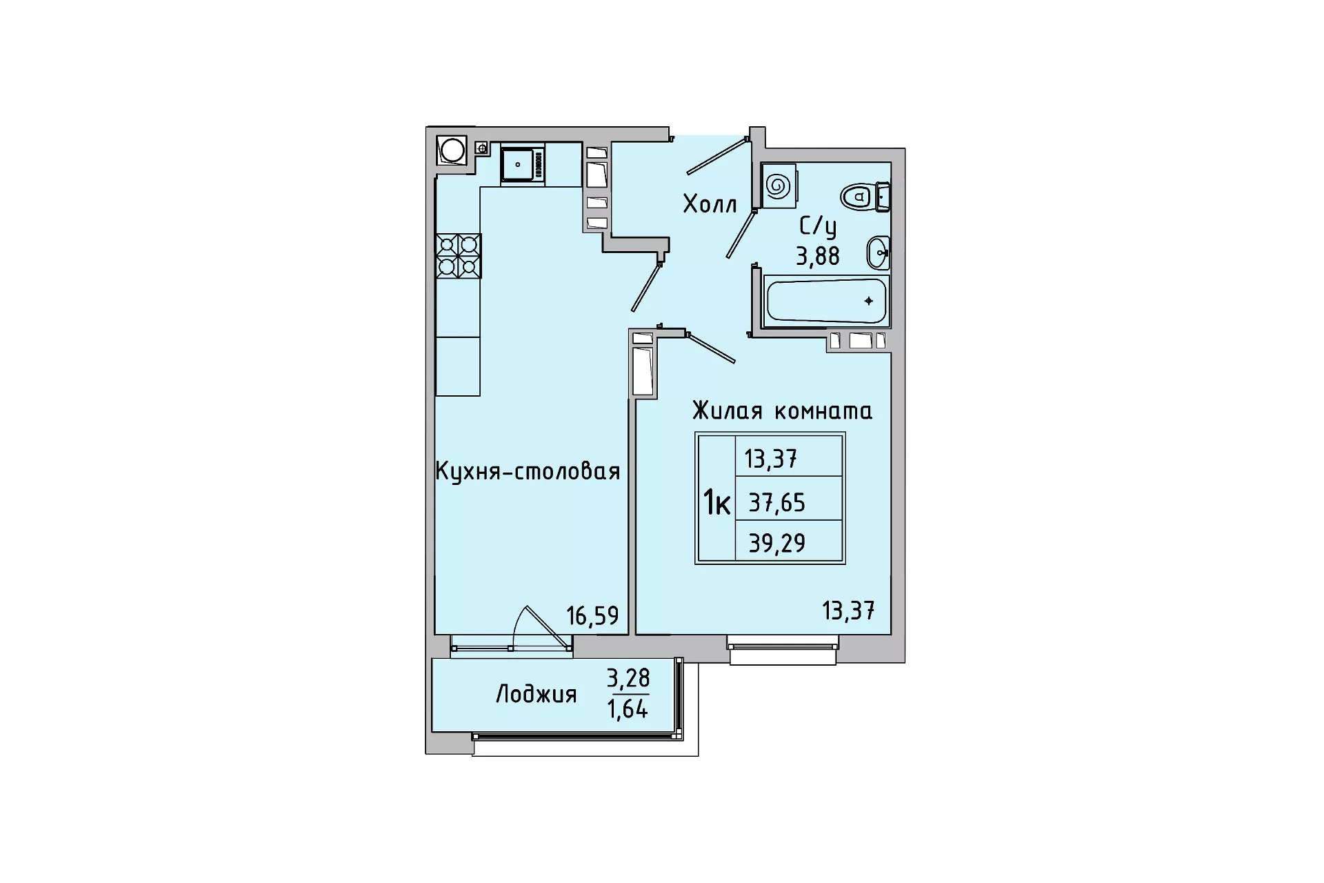Планировка: 1-комн. квартира 37,7 м²