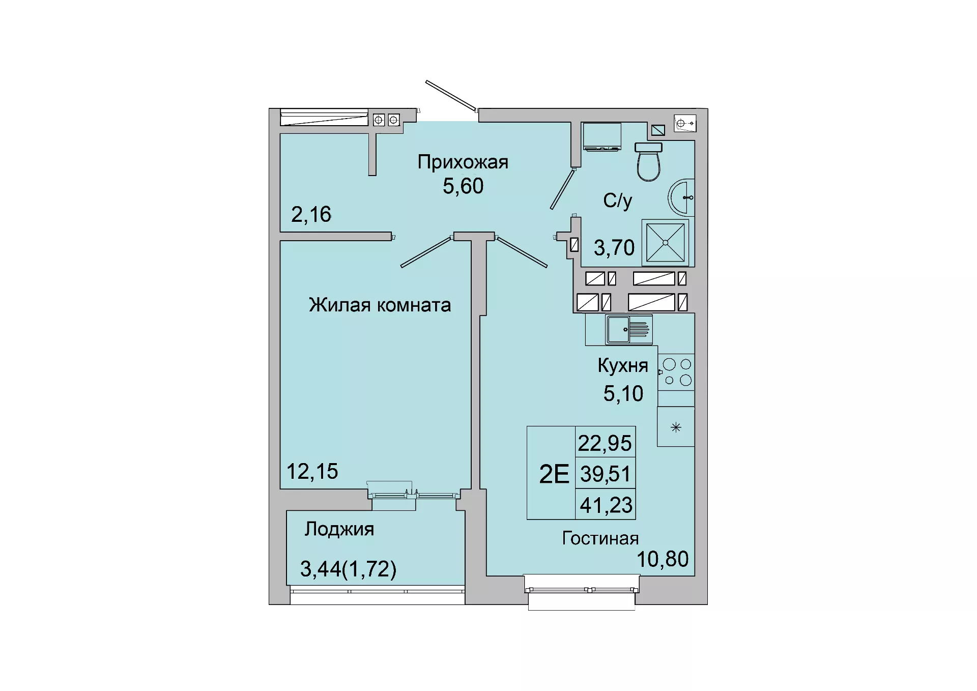 Планировка: 2-комн. квартира 40,6 м²