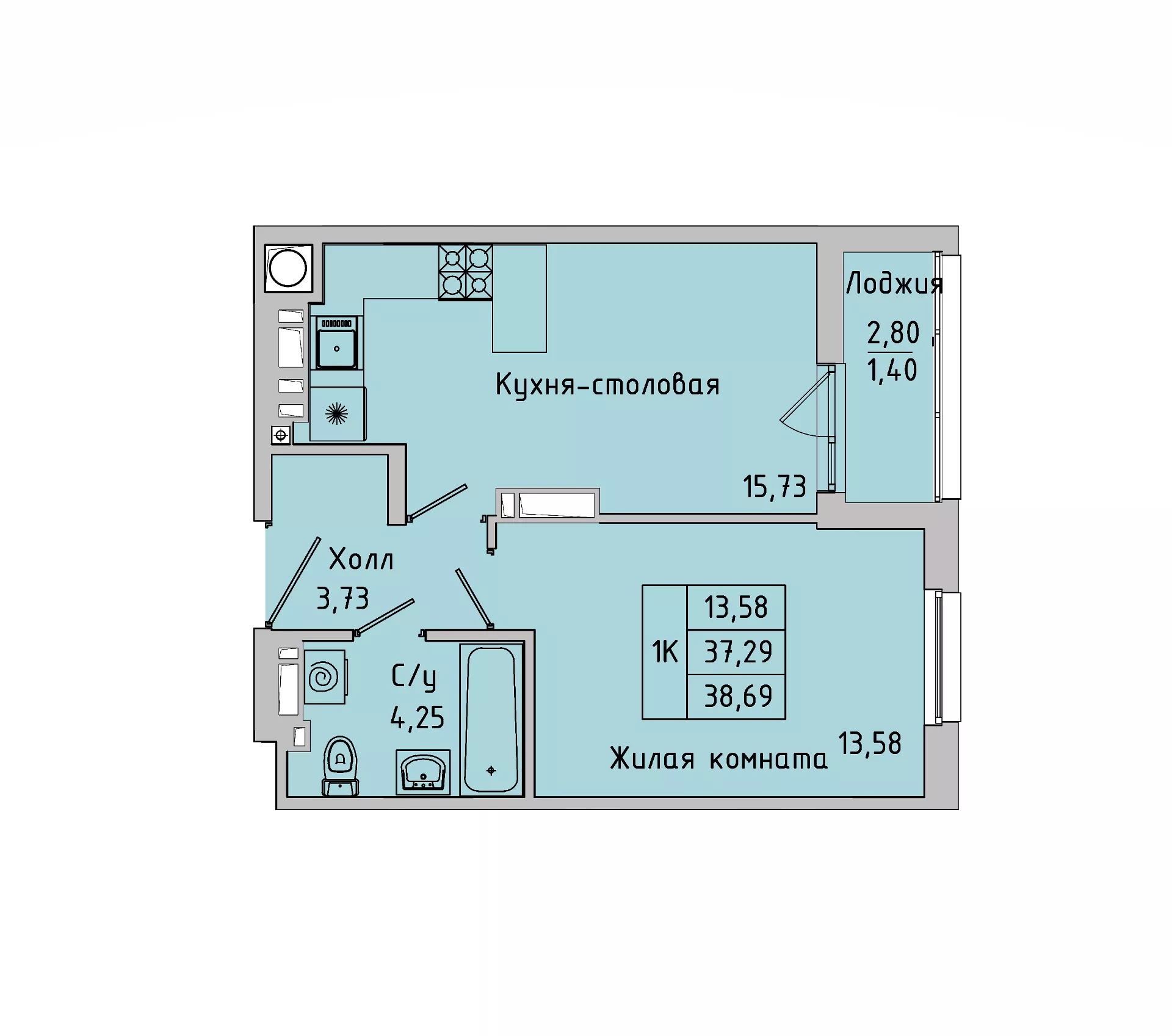Планировка: 1-комн. квартира 37,4 м²