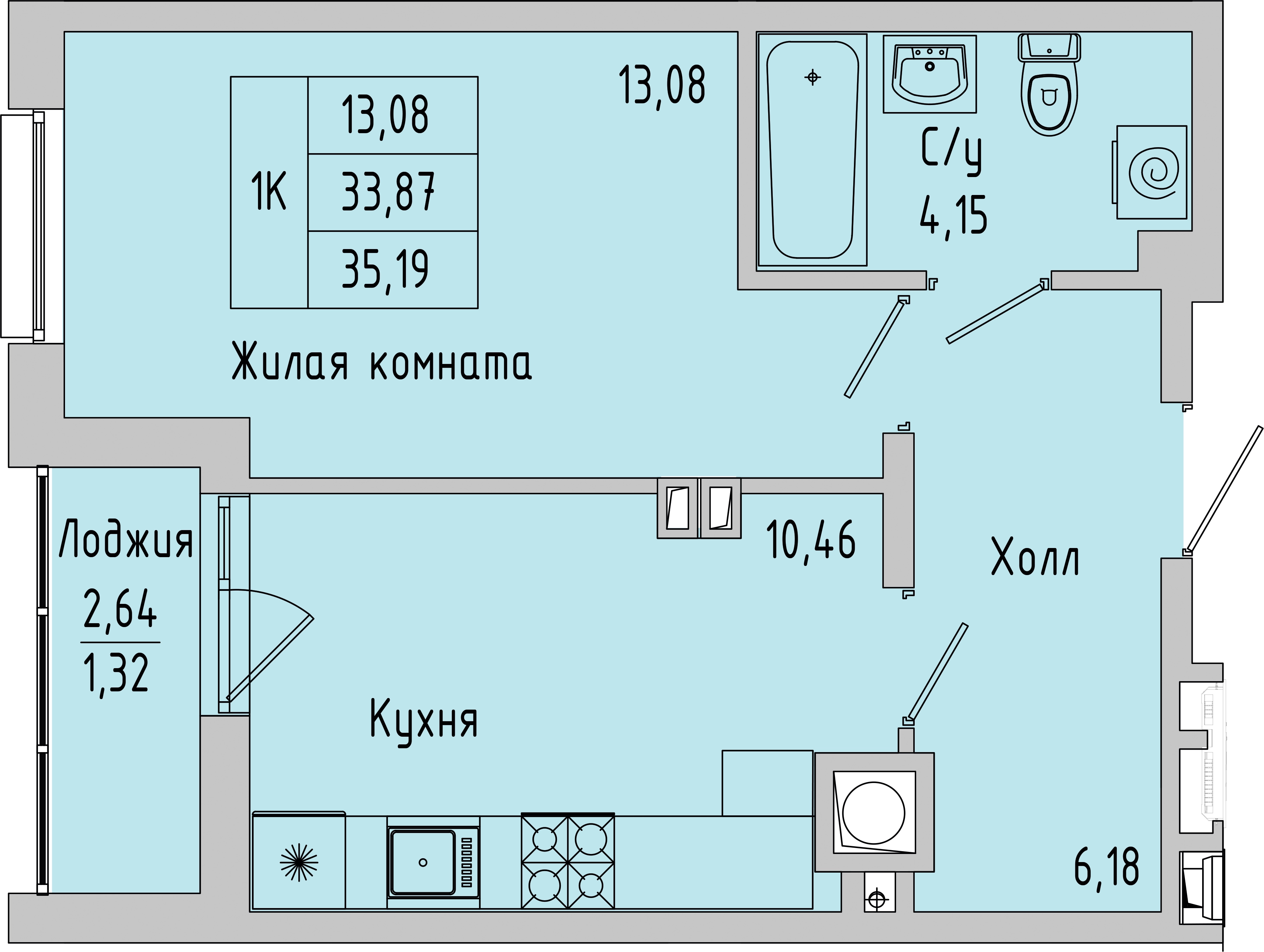 Планировка: 1-комн. квартира 35,2 м²