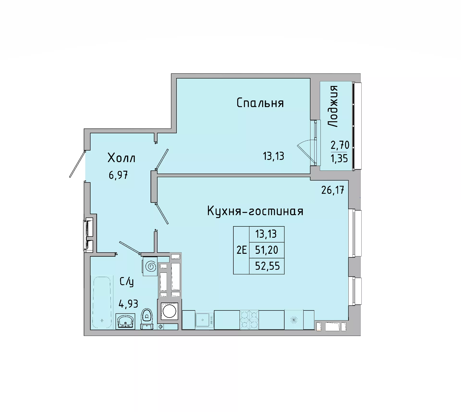 Планировка: 2-комн. квартира 51,2 м²