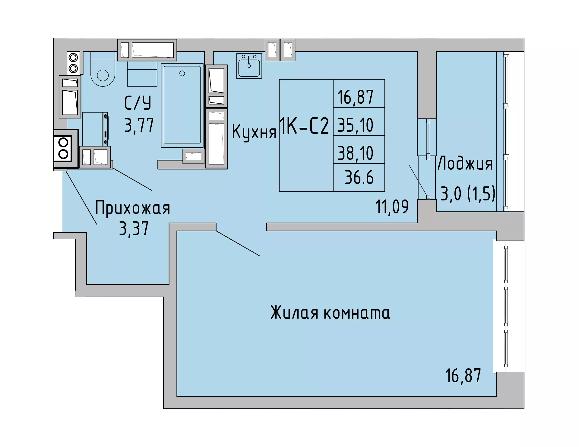 Планировка: 1-комн. квартира 36,6 м²
