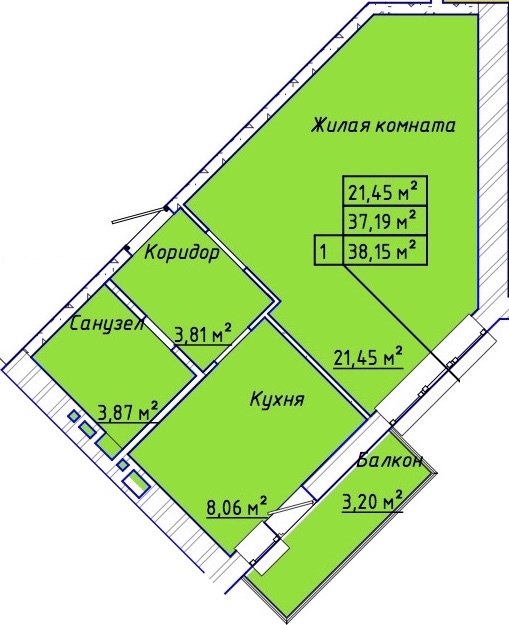 Планировка: 1-комн. квартира 39 м²