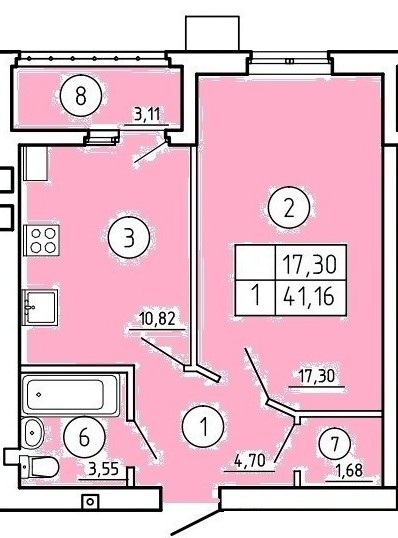 Планировка: 1-комн. квартира 41,2 м²
