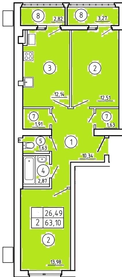 Планировка: 2-комн. квартира 63,1 м²