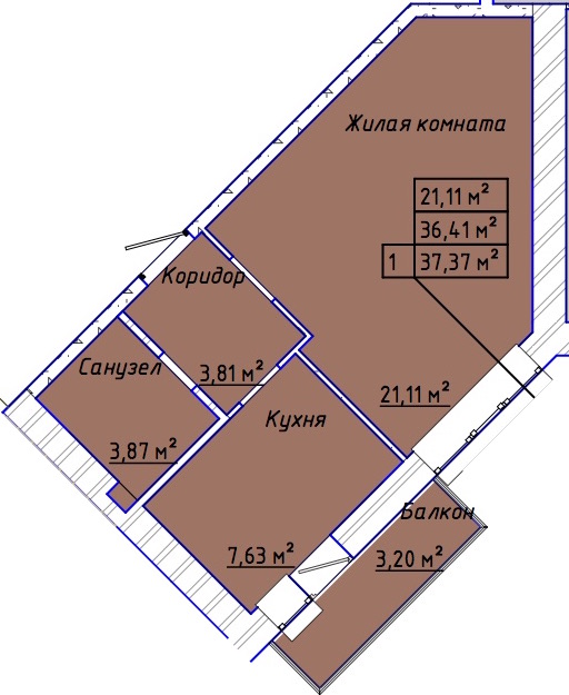 Планировка: 1-комн. квартира 38,2 м²