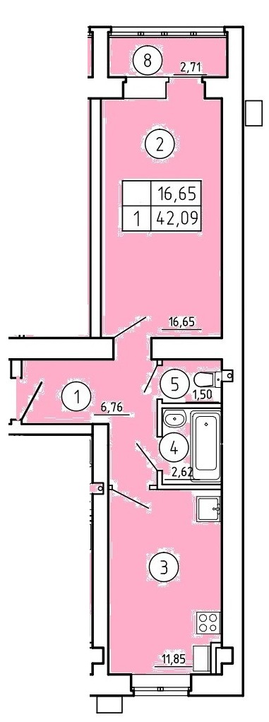 Планировка: 1-комн. квартира 42,1 м²
