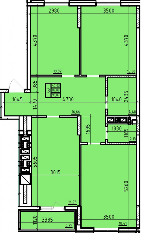 Планировка: 3-комн. квартира 90,9 м²
