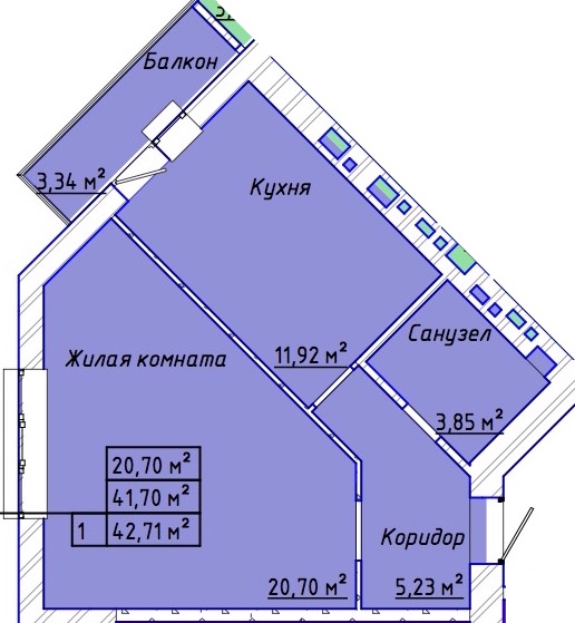 Планировка: 1-комн. квартира 42,8 м²