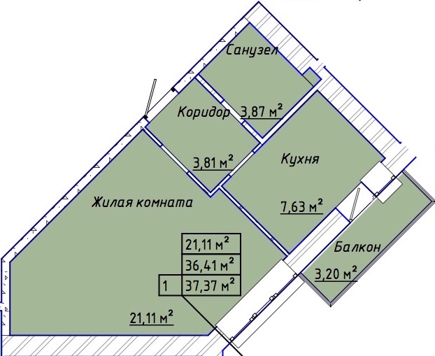 Планировка: 1-комн. квартира 37,5 м²