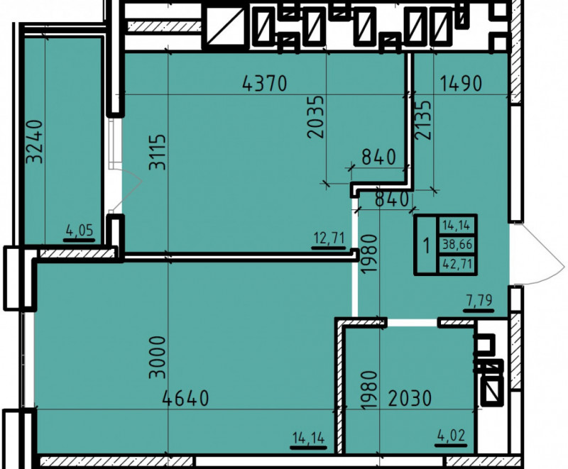 Планировка: 1-комн. квартира 42,5 м²