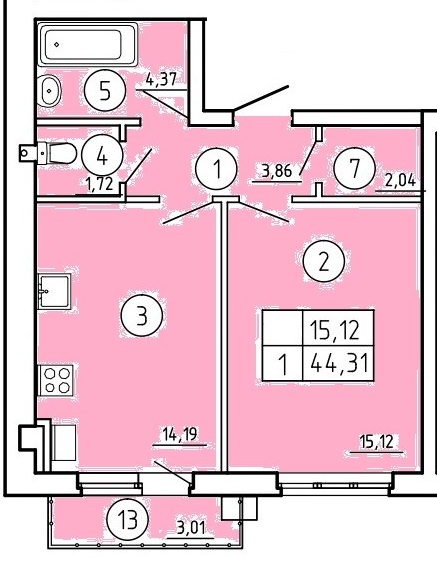 Планировка: 1-комн. квартира 44,3 м²