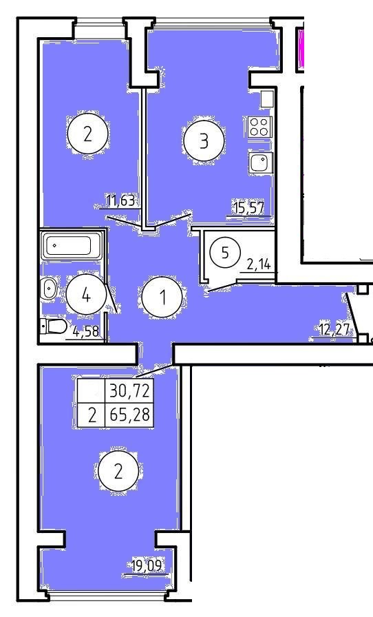 Планировка: 2-комн. квартира 65,2 м²
