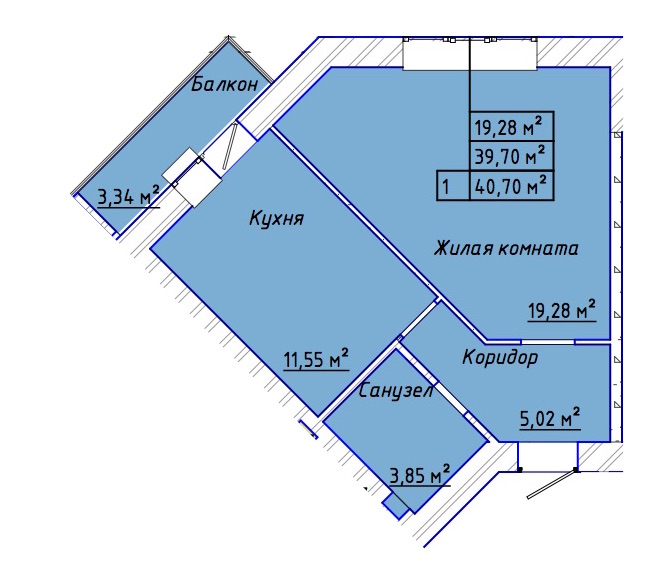 Планировка: 1-комн. квартира 40,9 м²
