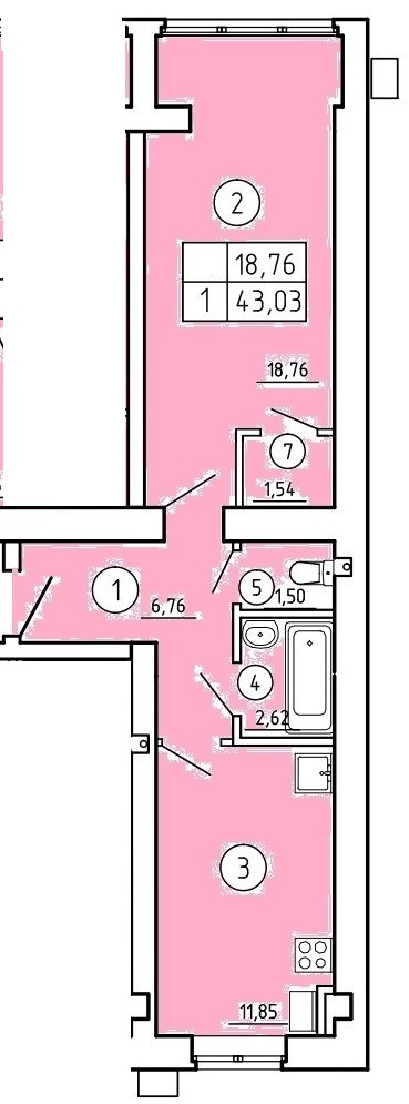 Планировка: 1-комн. квартира 43 м²