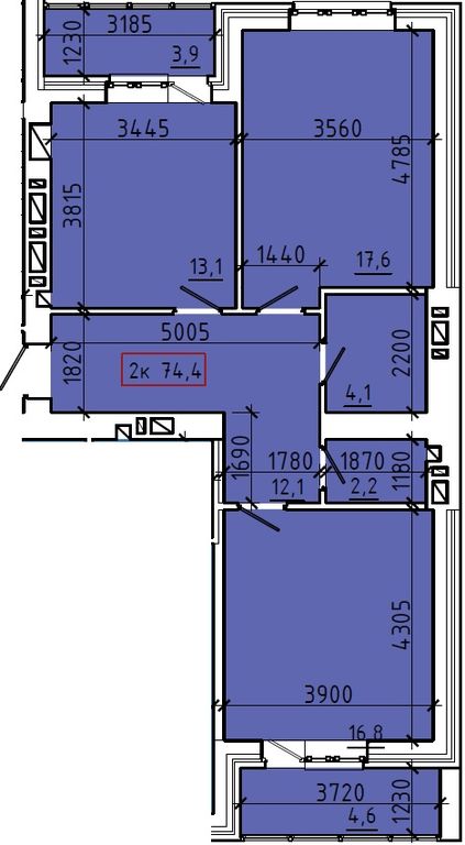 Планировка: 2-комн. квартира 74,4 м²