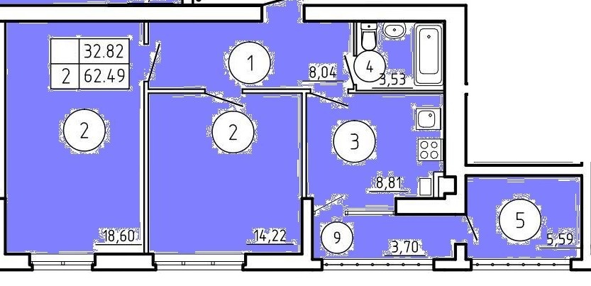 Планировка: 2-комн. квартира 63,3 м²