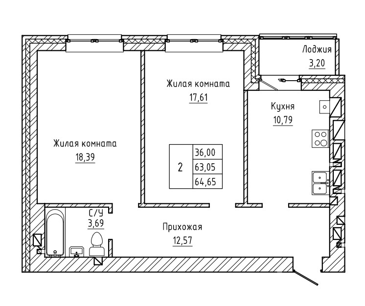 Планировка: 2-комн. квартира 64,5 м²