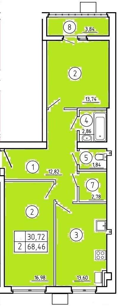 Планировка: 2-комн. квартира 68,5 м²