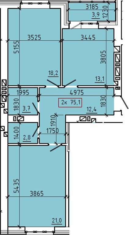 Планировка: 2-комн. квартира 75,1 м²