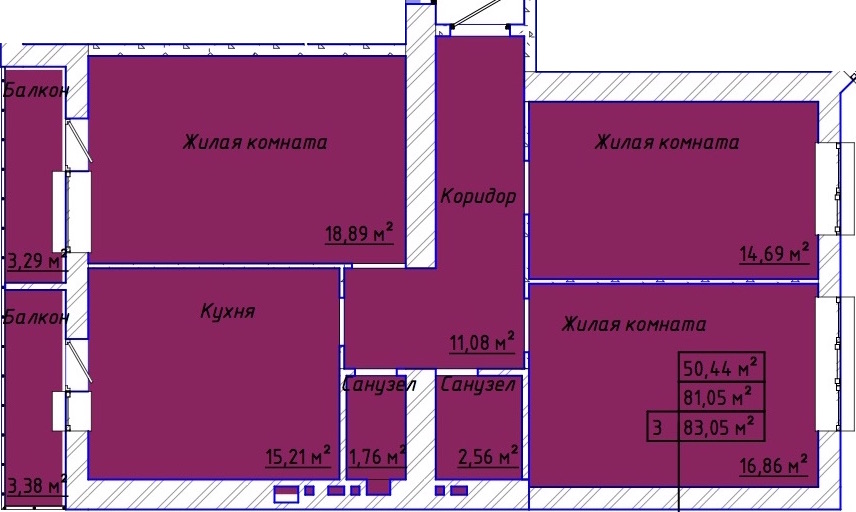 Планировка: 3-комн. квартира 84,5 м²