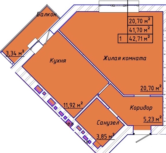 Планировка: 1-комн. квартира 42,2 м²